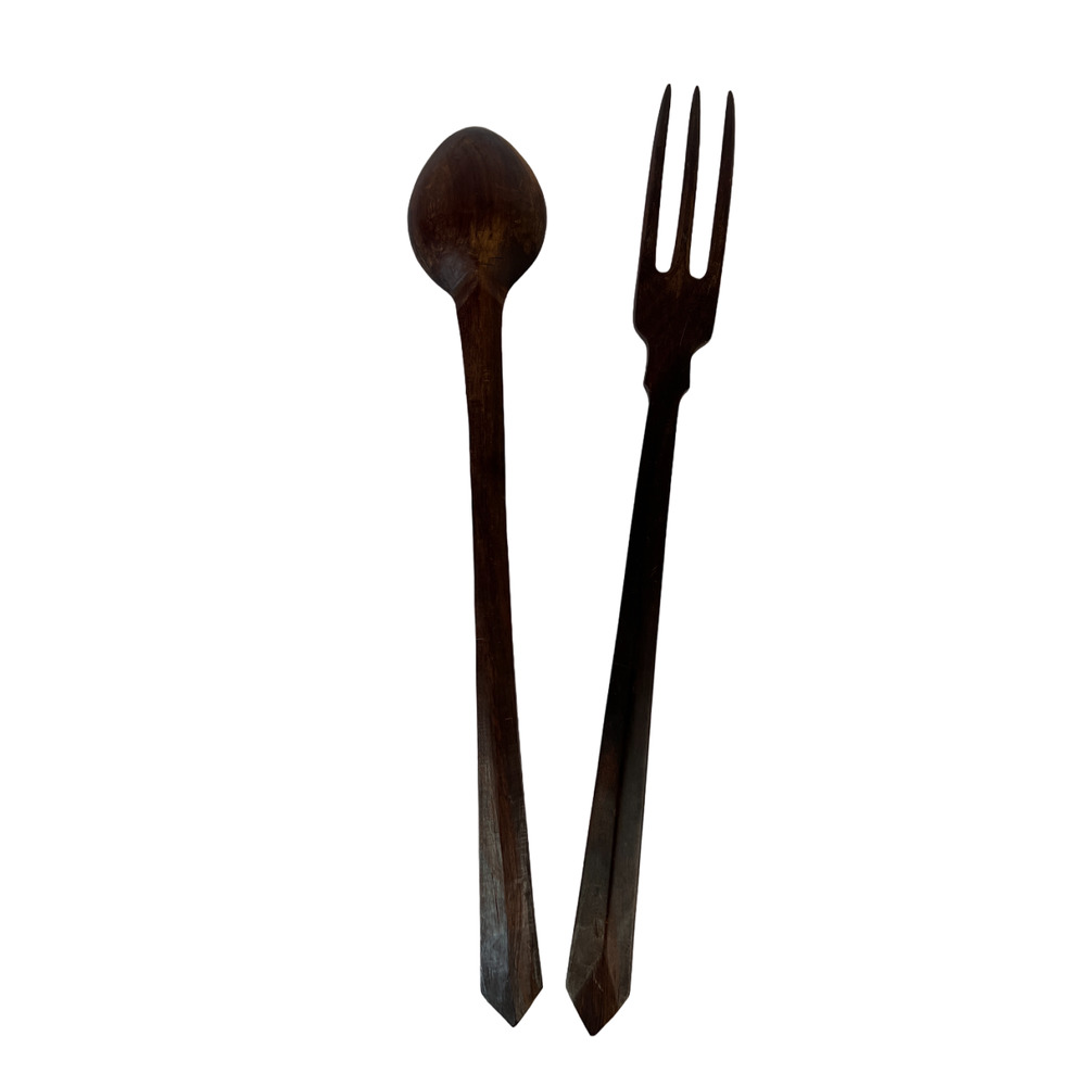Vintage Hand Carved Long Wooden Salad Serving Set Fork Spoon Serving Utensils